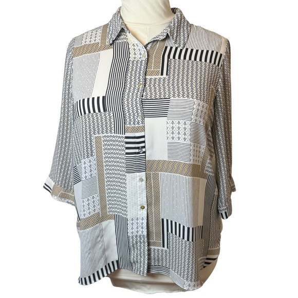 Rose And Olive Plus Button Up Top Womens 1X Neutral Patchwork Business Casual - Picture 9 of 10